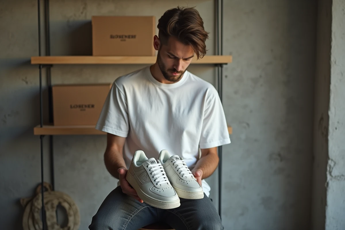 Jeune collectionneur tenant une paire de baskets de luxe rares dans un appartement minimaliste avec étagère de sneakers