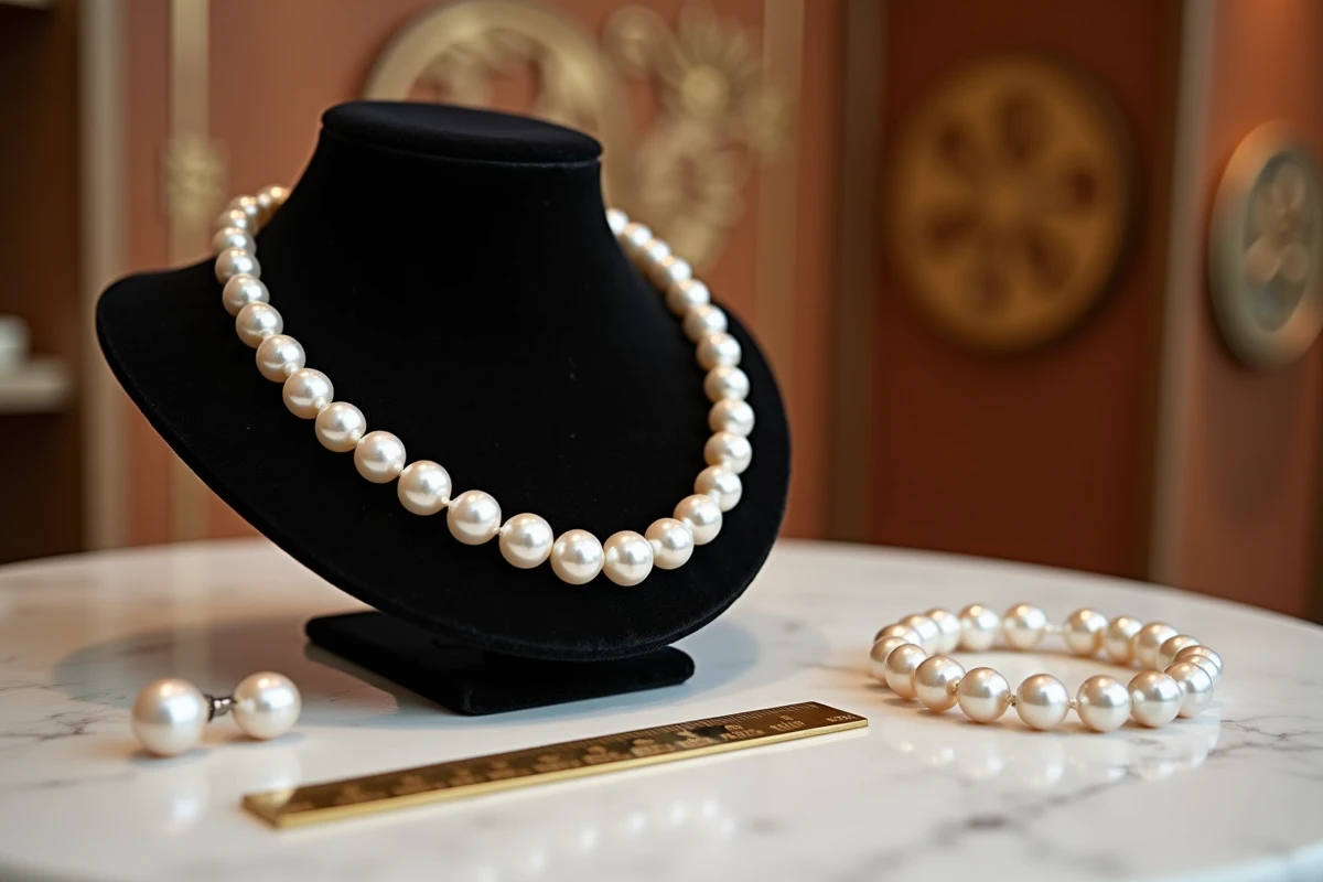 Collier de perles de culture de Tahiti graduées exposé sur présentoir en velours noir dans une bijouterie à Papeete, avec jauge de calibrage illustrant les critères de valeur