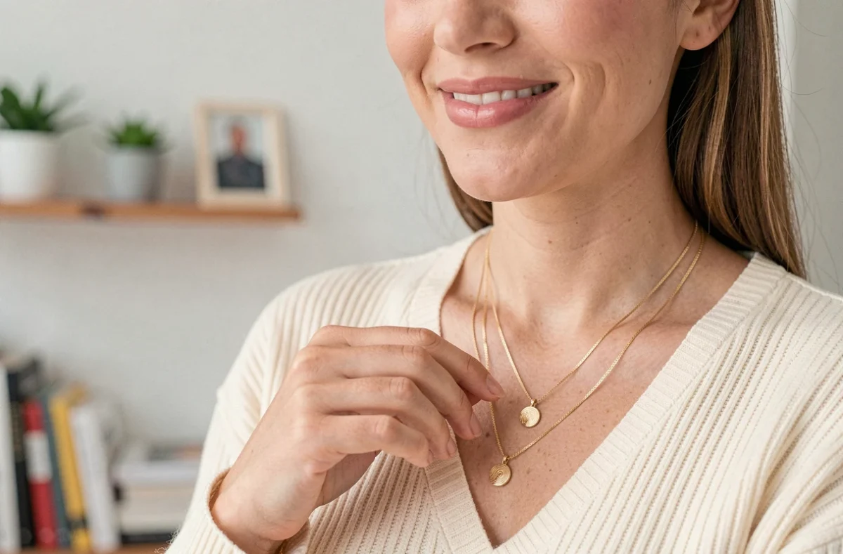 Femme portant un collier en plaqué or tendance superposé sur un pull en maille crème dans un appartement parisien lumineux