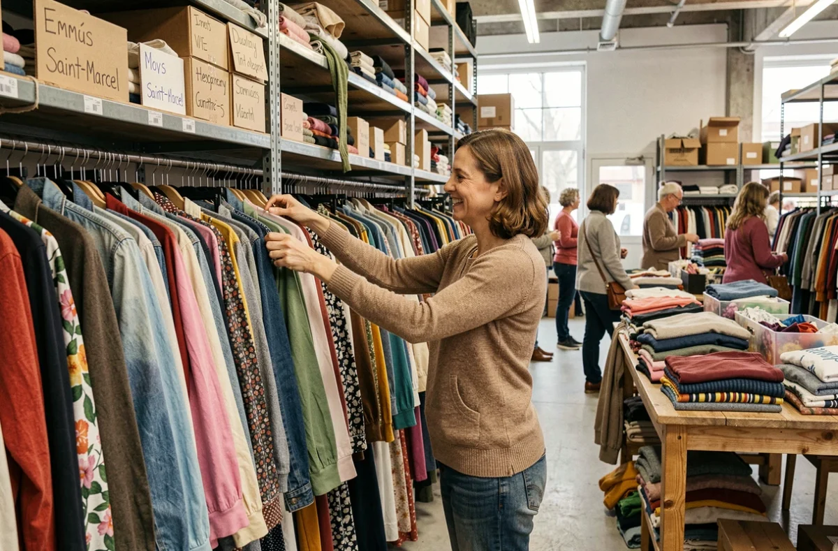 Femme fouillant joyeusement les vêtements d'occasion dans la boutique Emmaüs Saint-Marcel à Marseille