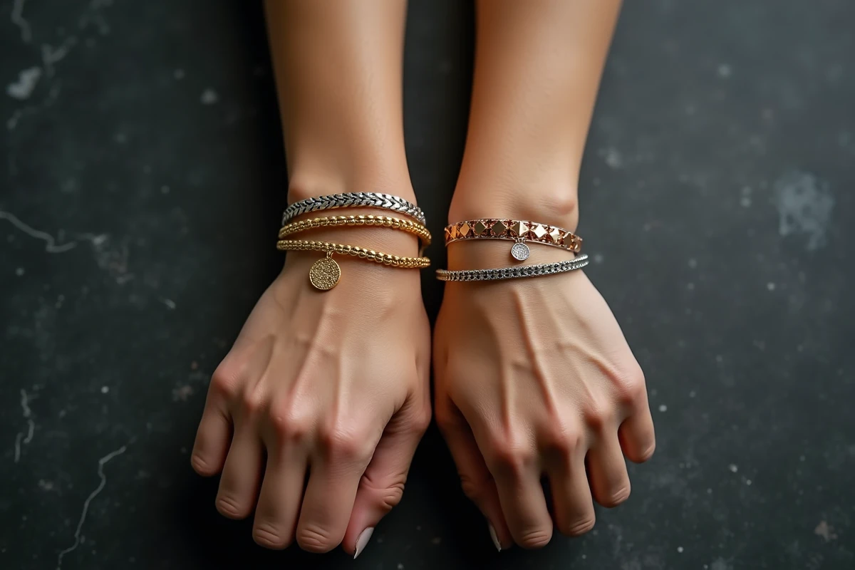 Comparaison de bracelets en or jaune, or blanc et or rose sur deux poignets féminins posés sur une ardoise grise texturée