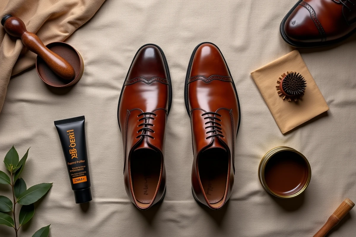 Vue du dessus comparant cirage et graisse pour chaussures en cuir avec accessoires d'entretien disposés sur lin