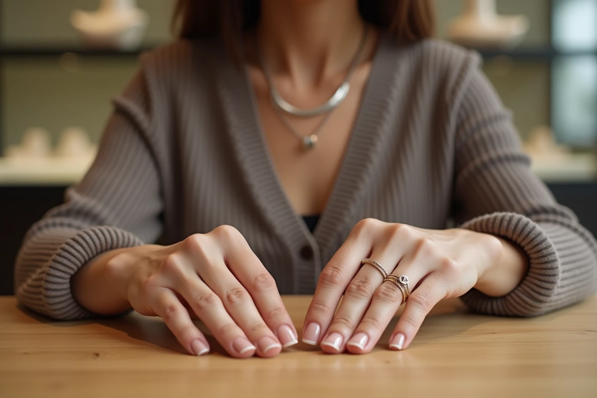Comparaison d'un ras de cou en or et d'un ras de cou en acier inoxydable tenus dans les mains au-dessus d'une table en bois