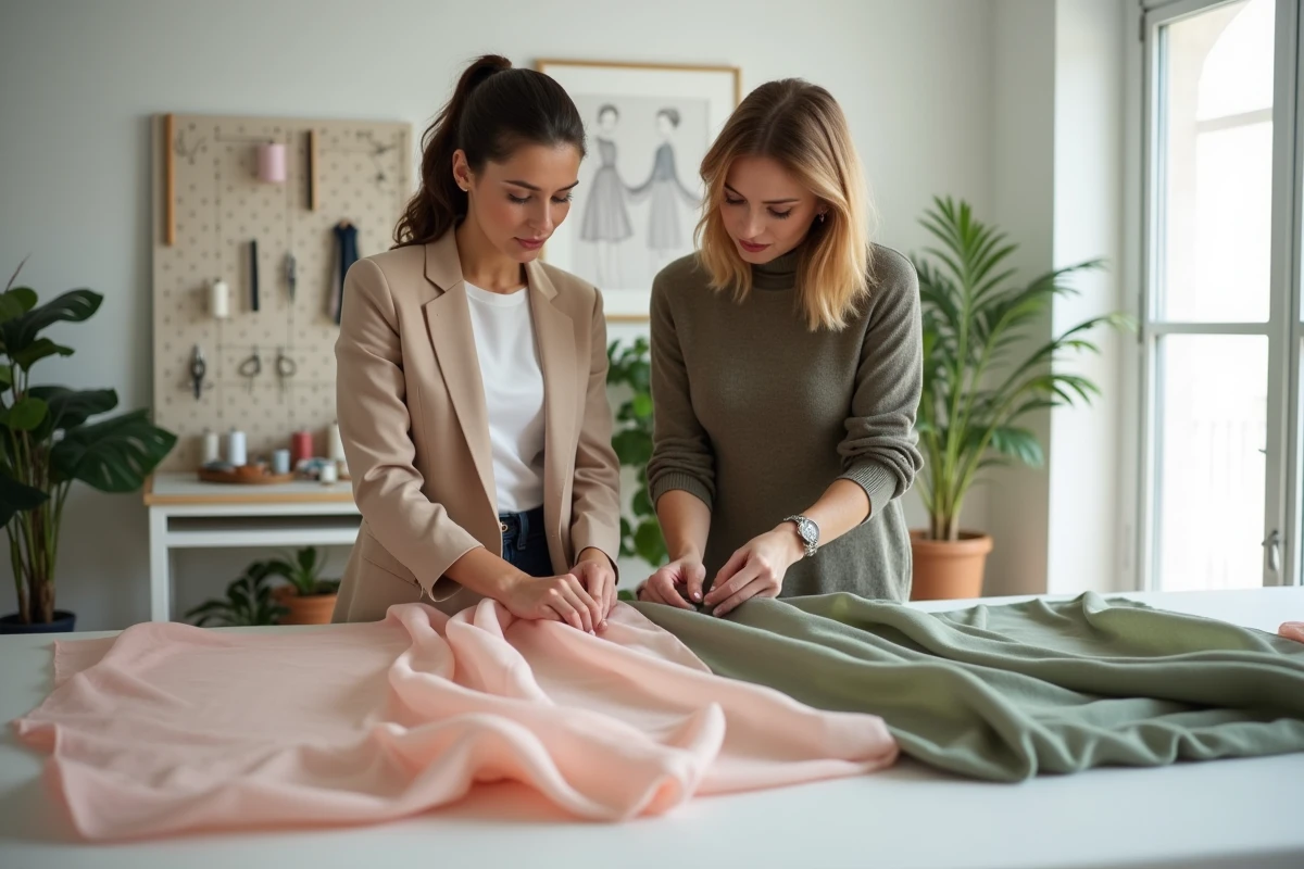 Deux couturières comparant des échantillons de tissu dans un studio de couture moderne à Nice