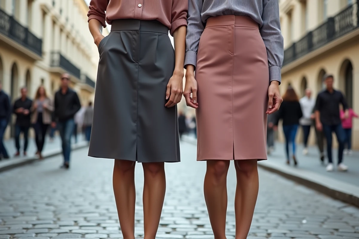 Comparaison entre une jupe droite grise et une jupe trapèze rose portées par deux femmes en ville, pour illustrer les différences de coupe selon la morphologie