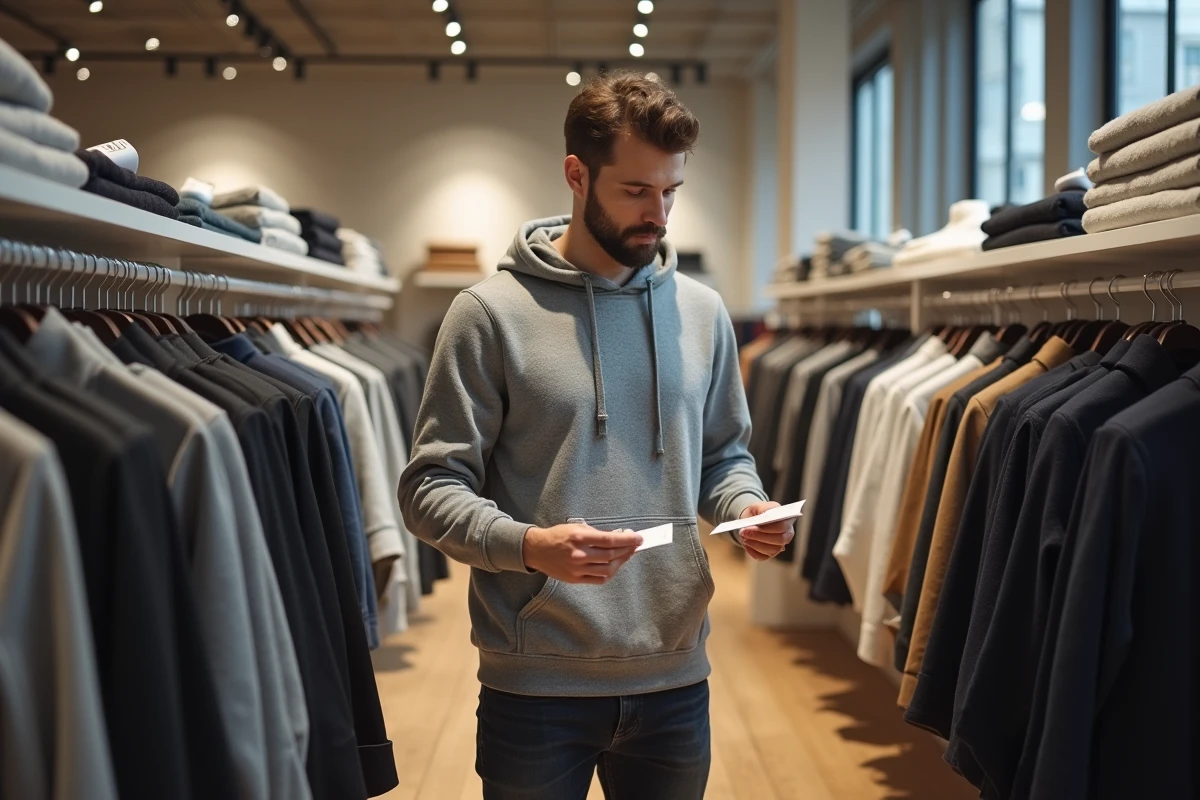 Homme comparant des étiquettes de prix dans une boutique de vêtements avant les soldes d'hiver 2026 en France