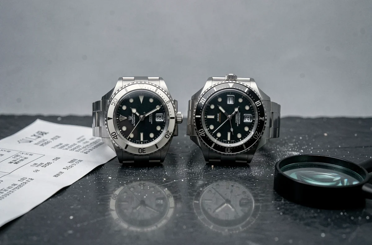 Comparaison de deux montres Rolex Datejust et Oyster Perpetual posées sur une surface en ardoise avec une facture et une loupe de bijoutier
