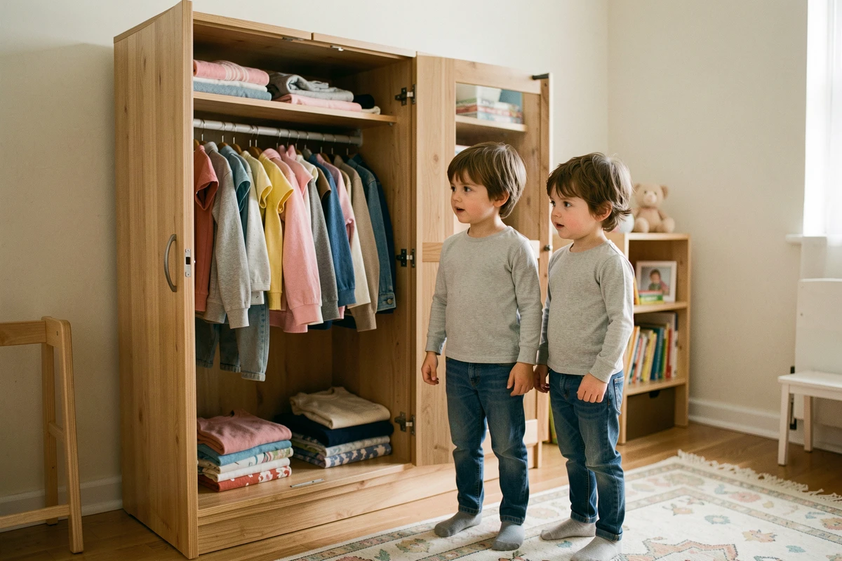 Deux enfants d'âges légèrement différents comparant des vêtements taille 116 devant une armoire ouverte
