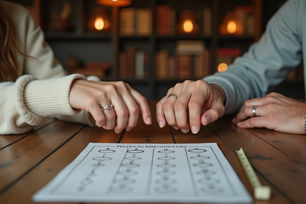 Couple comparant la taille de leurs tours de doigt côte à côte avec un guide de mesure sur une table en bois