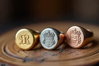 Comparatif de trois chevalières gravées en or, argent et or rose présentant différentes techniques de gravure sur un présentoir en chêne