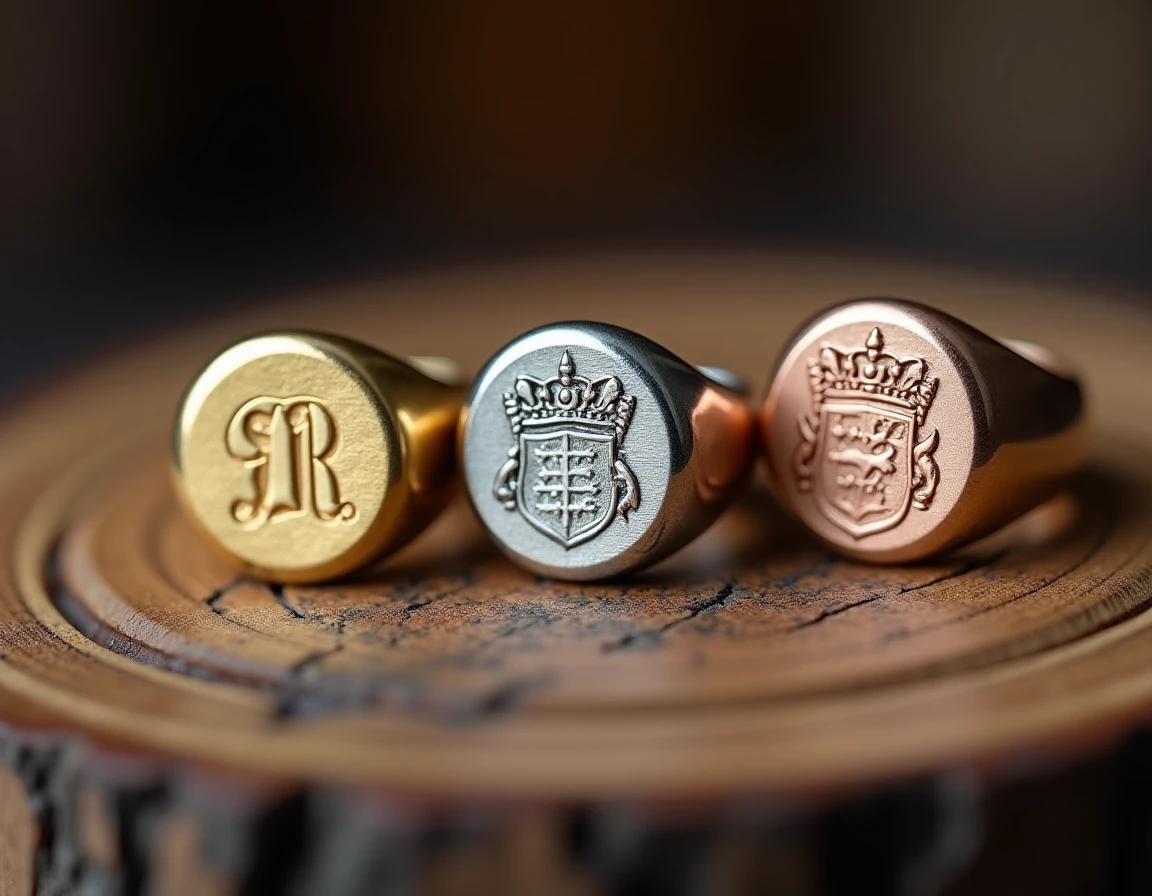 Comparatif de trois chevalières gravées en or, argent et or rose présentant différentes techniques de gravure sur un présentoir en chêne