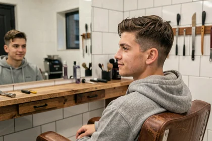 Jeune homme aux cheveux courts fraîchement taillés assis dans un fauteuil de barbier moderne, vue de trois quarts dans un salon de coiffure urbain
