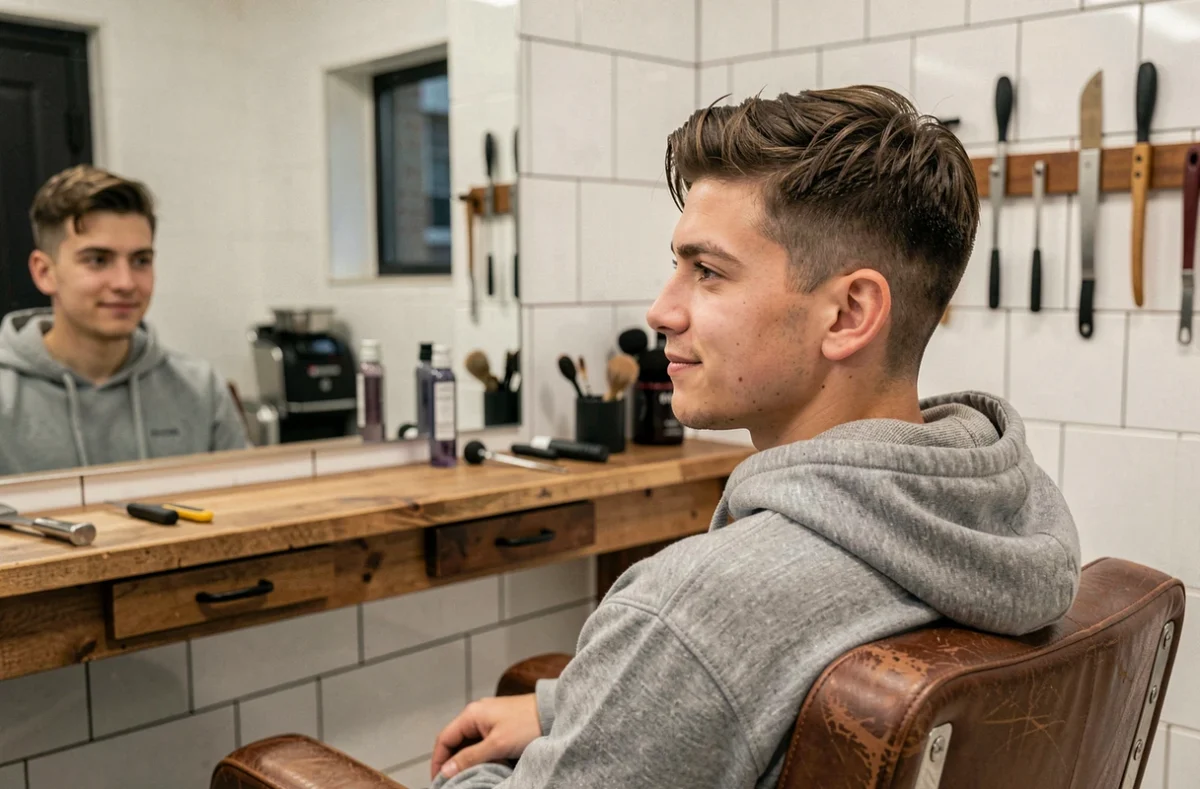 Jeune homme aux cheveux courts fraîchement taillés assis dans un fauteuil de barbier moderne, vue de trois quarts dans un salon de coiffure urbain
