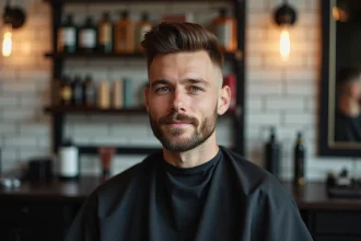 Homme aux cheveux courts avec une coupe couronne tendance 2026 dans un salon de barbier moderne