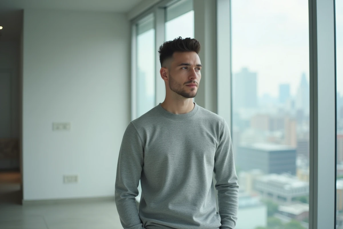 Jeune homme avec une coupe couronne structurée et dégradé tendance 2026 dans un appartement moderne