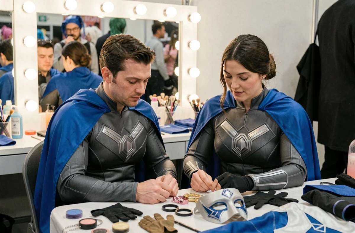 Deux adultes en costumes de super héros assortis bleus en coulisses d'une convention cosplay