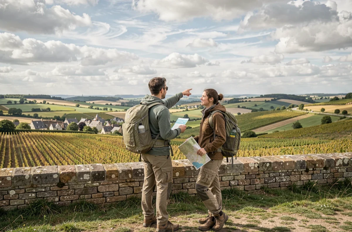 Couple planifiant une escapade nature depuis un belvédère avec vue sur la campagne française