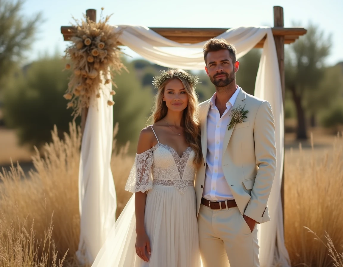 Couple de mariés bohème chic en tenue hippie élégante devant un autel en bois décoré de fleurs séchées lors d'un mariage en plein air