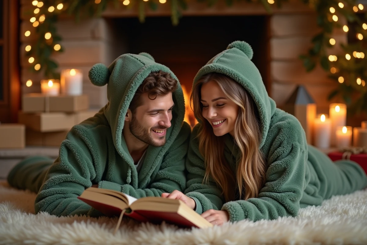 Couple assorti en combinaisons pilou-pilou vert sauge allongé sur un tapis moelleux devant une cheminée décorée pour Noël, lisant ensemble un livre