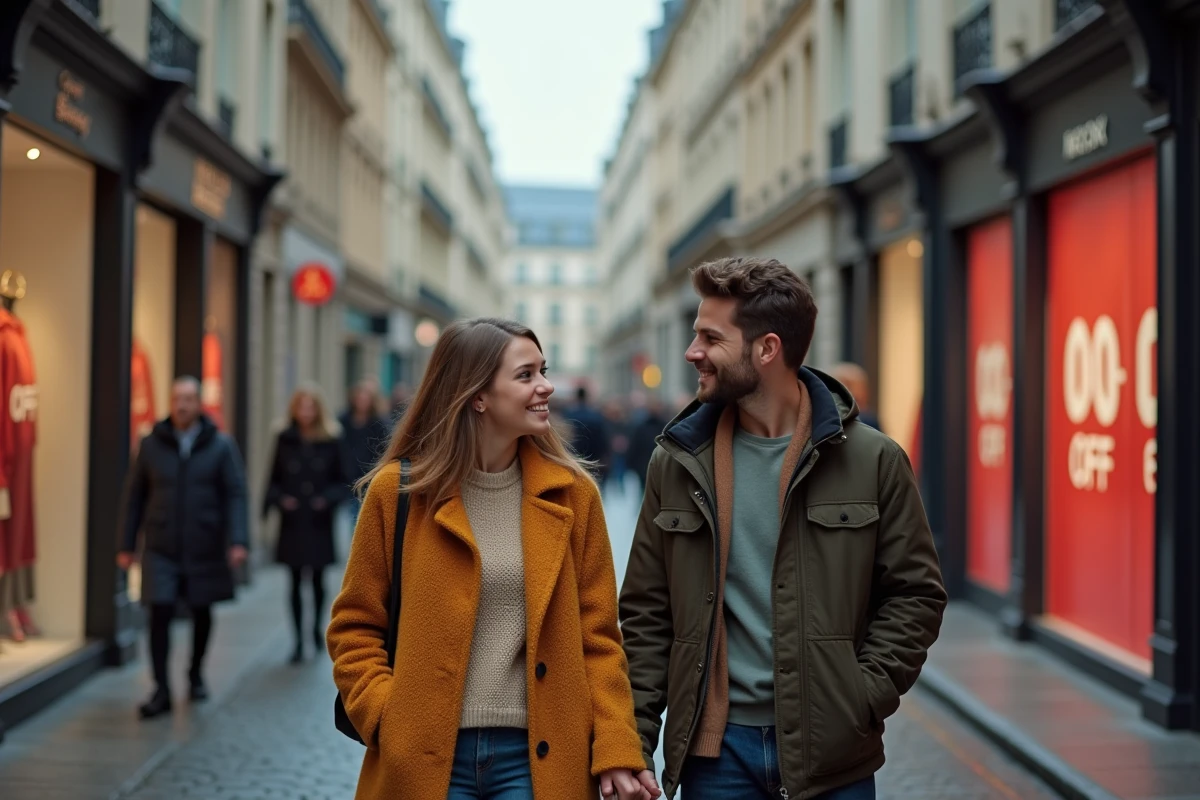 Couple se promenant dans une rue commerçante française avec des vitrines affichant des panneaux soldes 2026