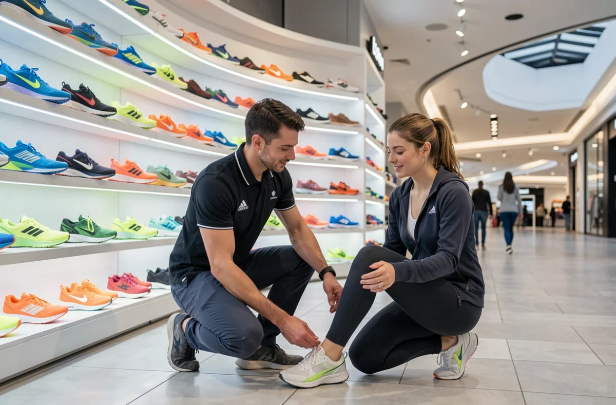 Vendeur aidant une cliente à essayer des chaussures de running chez Courir au Val d'Europe à Serris