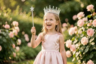 Jeune fille portant une couronne de princesse argentée et une baguette magique étoilée dans un jardin fleuri