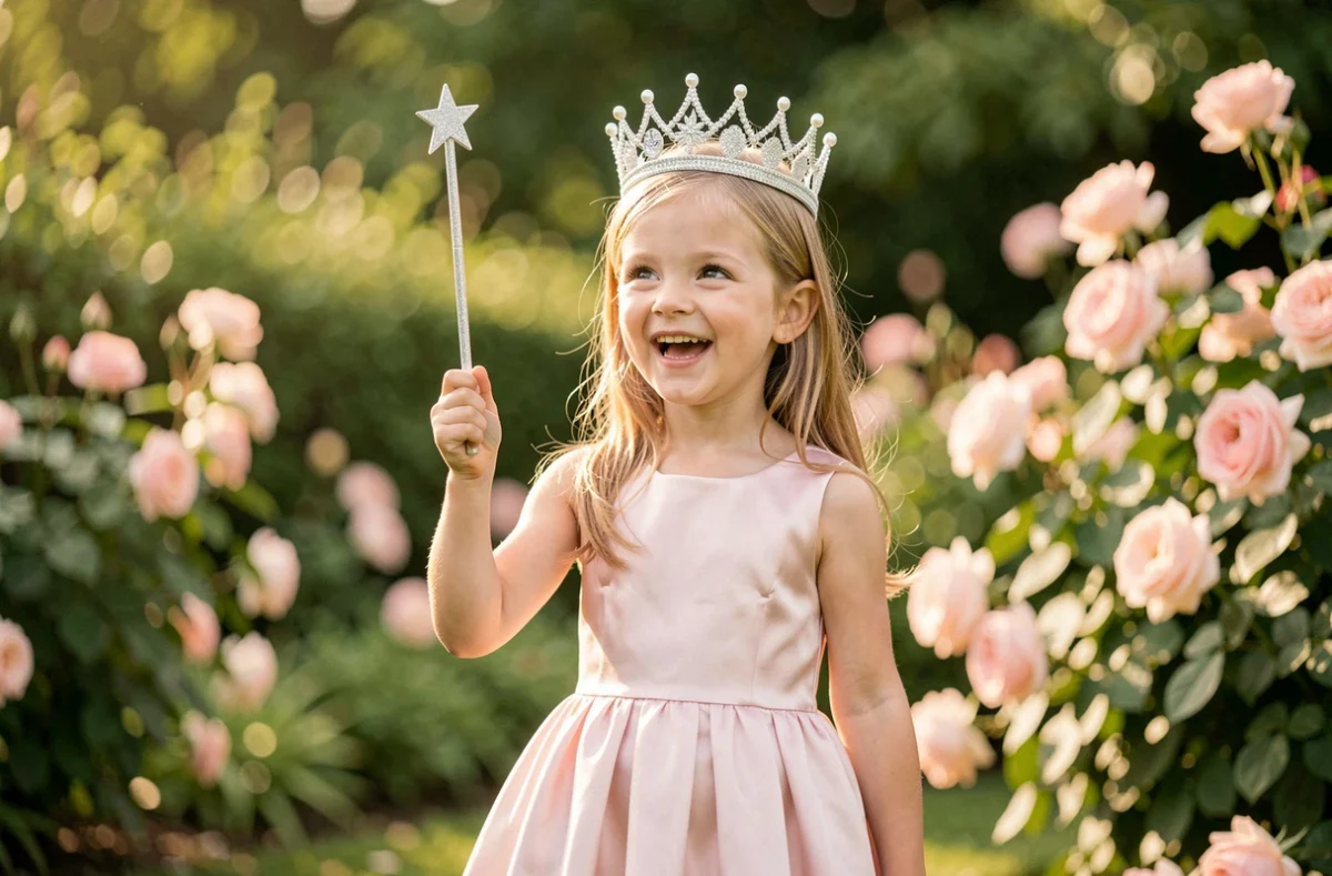 Jeune fille portant une couronne de princesse argentée et une baguette magique étoilée dans un jardin fleuri