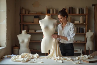 Couturière expérimentée travaillant sur un mannequin dans un atelier de couture traditionnel à Nice