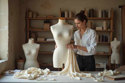 Couturière expérimentée travaillant sur un mannequin dans un atelier de couture traditionnel à Nice