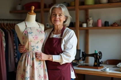 Couturière à domicile effectuant une retouche d'ourlet sur un mannequin de couture dans son atelier personnel