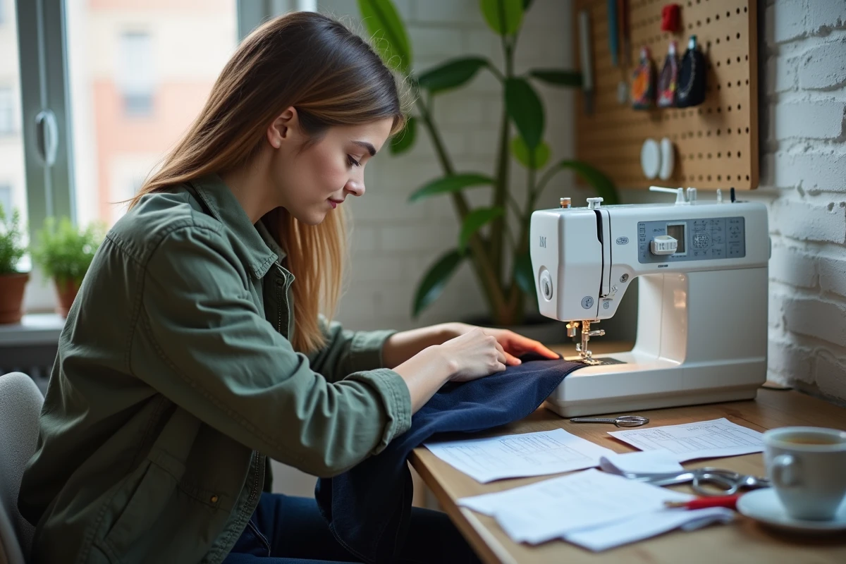 Jeune couturière indépendante effectuant une retouche de veste à domicile avec tarif de prestation visible sur son bureau
