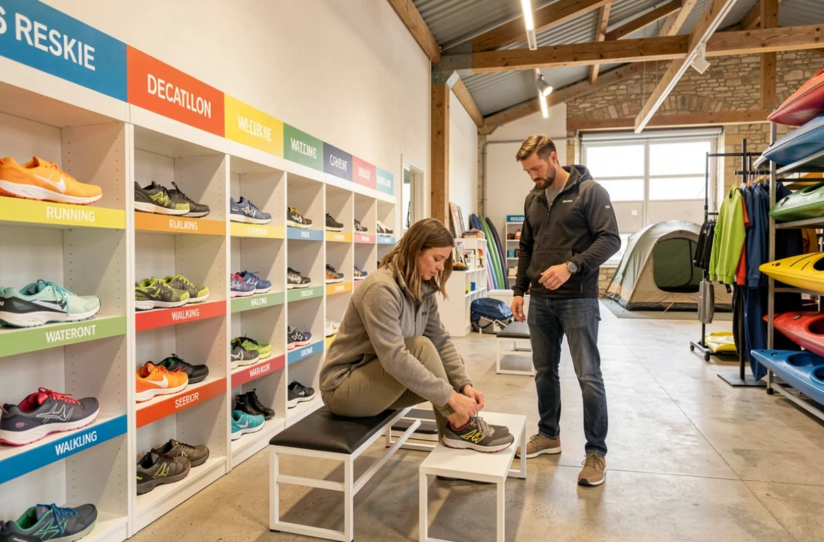 Cliente essayant une chaussure trail dans le rayon chaussures du Decathlon de Varennes-sur-Seine