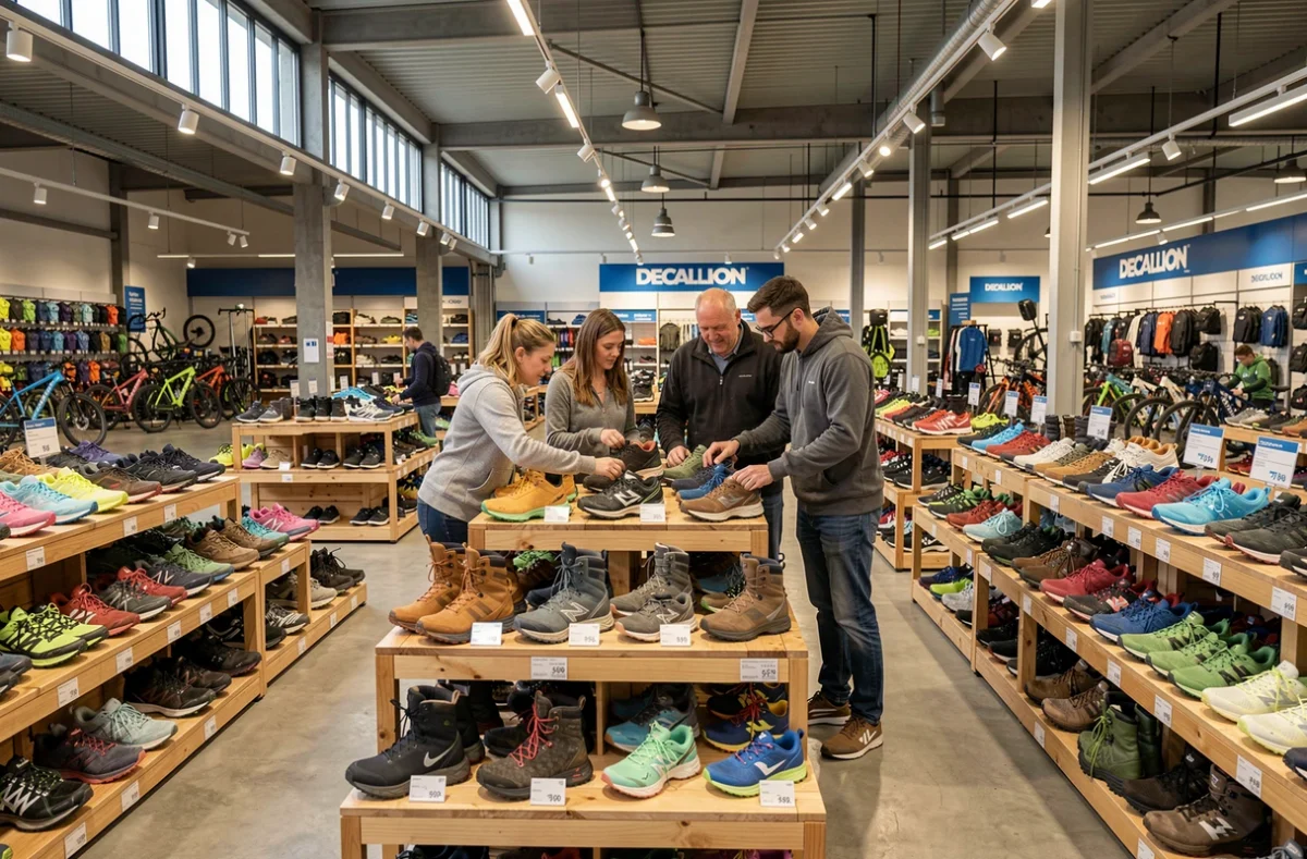 Rayon chaussures du Decathlon de Villiers-en-Bière avec des baskets running et randonnée sur des tables d'exposition