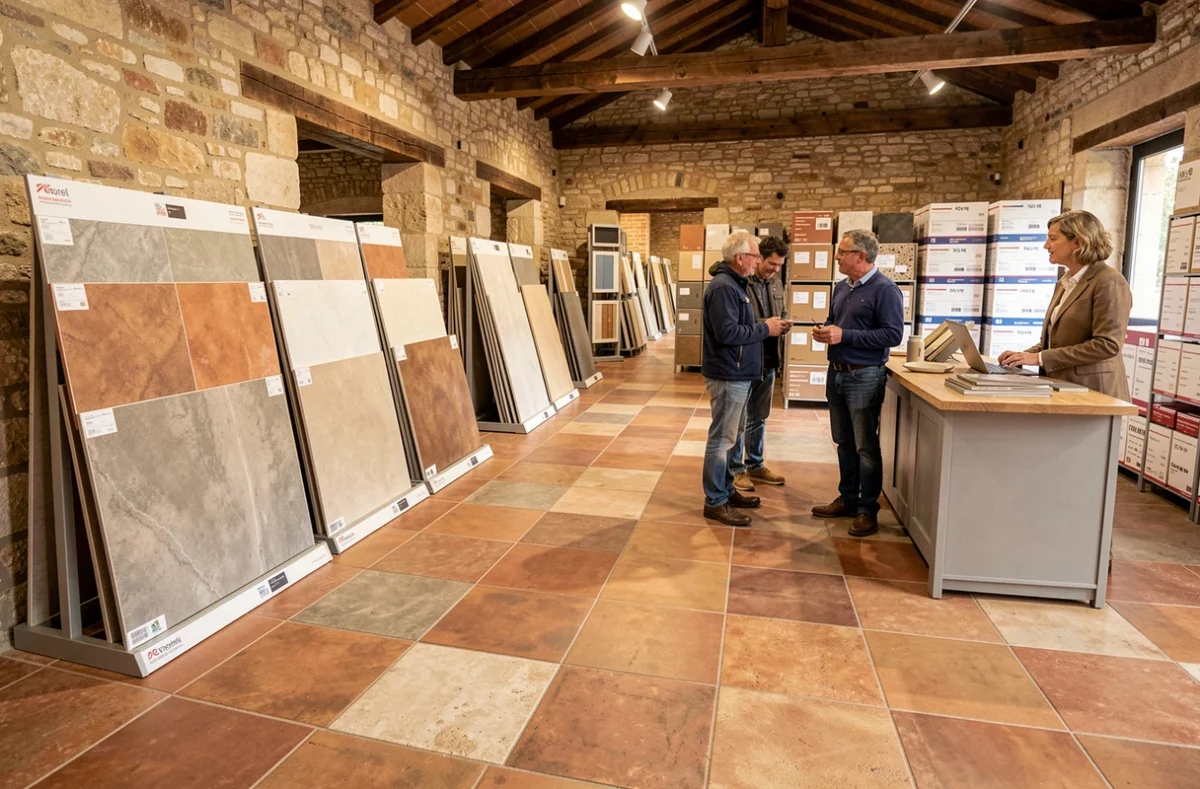 Showroom du Decoceram Destock Portet avec des échantillons de carrelage et des clients en consultation