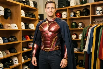 Homme adulte portant un déguisement de super héros rouge et or dans une boutique de costumes