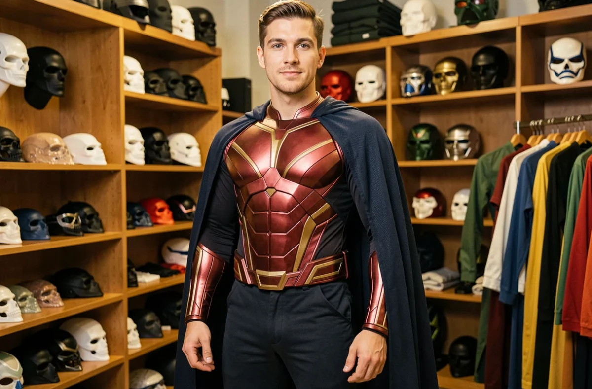 Homme adulte portant un déguisement de super héros rouge et or dans une boutique de costumes
