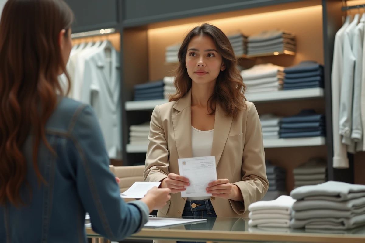 Jeune femme déposant une réclamation au service client d'une boutique de vêtements type ZARA