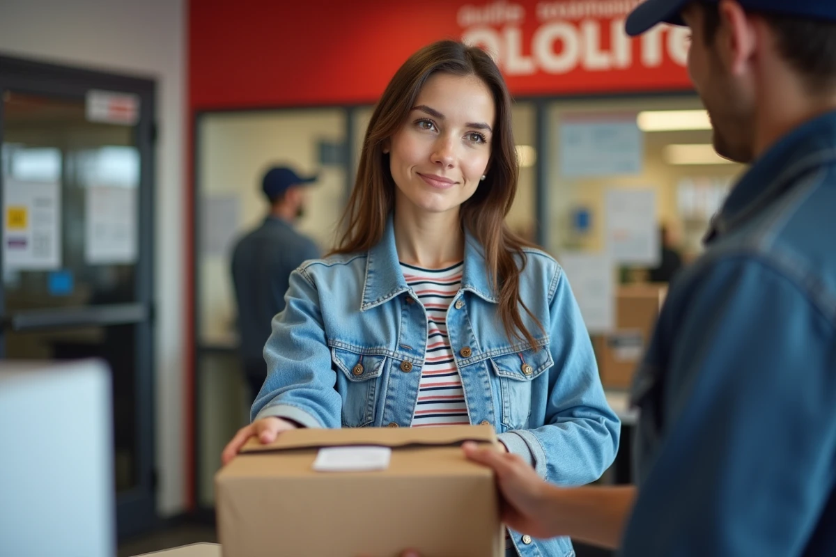 Jeune femme déposant un colis de retour Shein dans un bureau de poste