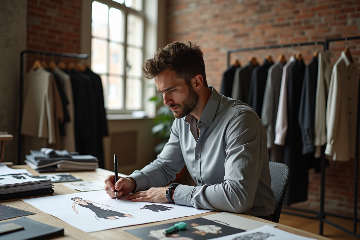 Designer mode dessinant dans un atelier lumineux