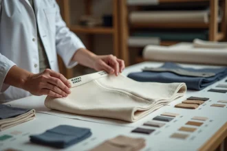 Styliste textile examinant un boxer personnalisé haut de gamme sur une table d'atelier avec des échantillons de tissu et des fils à broder