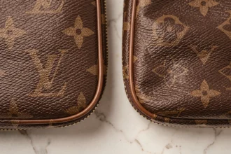 Comparaison côte à côte de deux sacs à monogramme LV, vrai versus contrefaçon, montrant les défauts de couture et d'alignement du faux