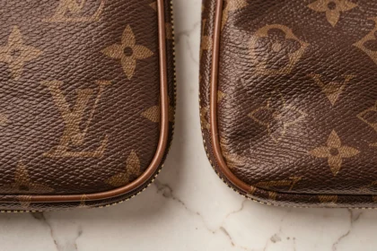 Comparaison côte à côte de deux sacs à monogramme LV, vrai versus contrefaçon, montrant les défauts de couture et d'alignement du faux