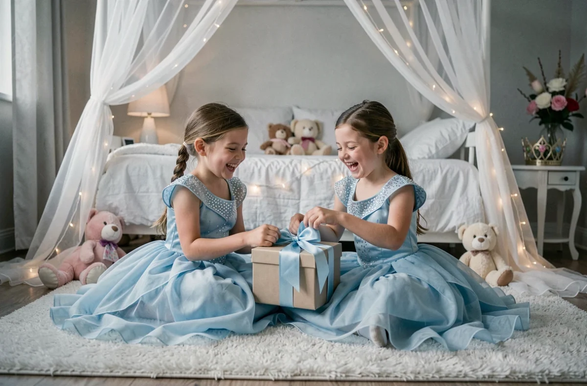 Deux fillettes en robes de princesse bleu glacé qui rient en déballant des cadeaux dans une chambre décorée pour un anniversaire
