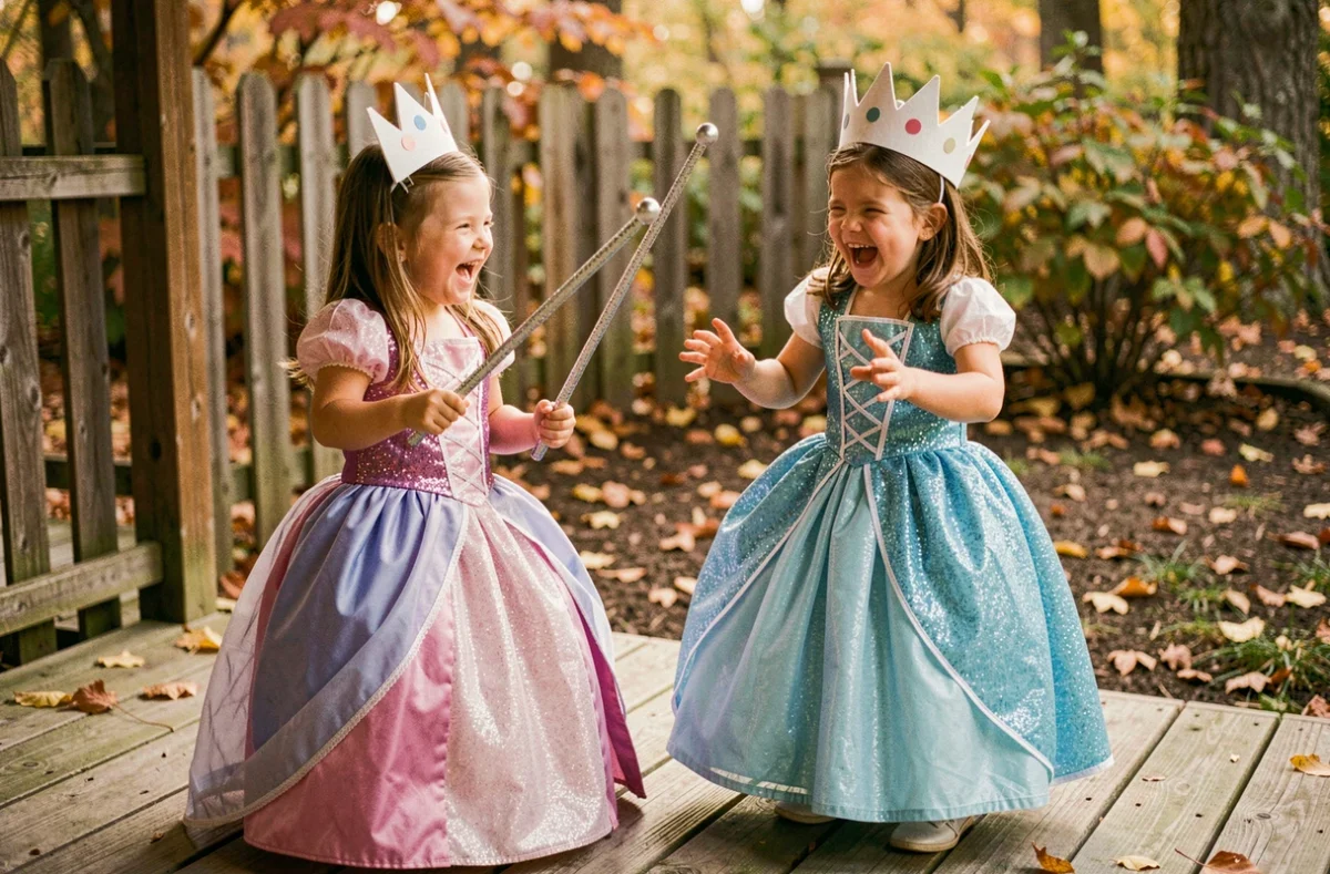 Deux fillettes jouant aux princesses avec couronnes et baguette magique sur une terrasse en bois en automne
