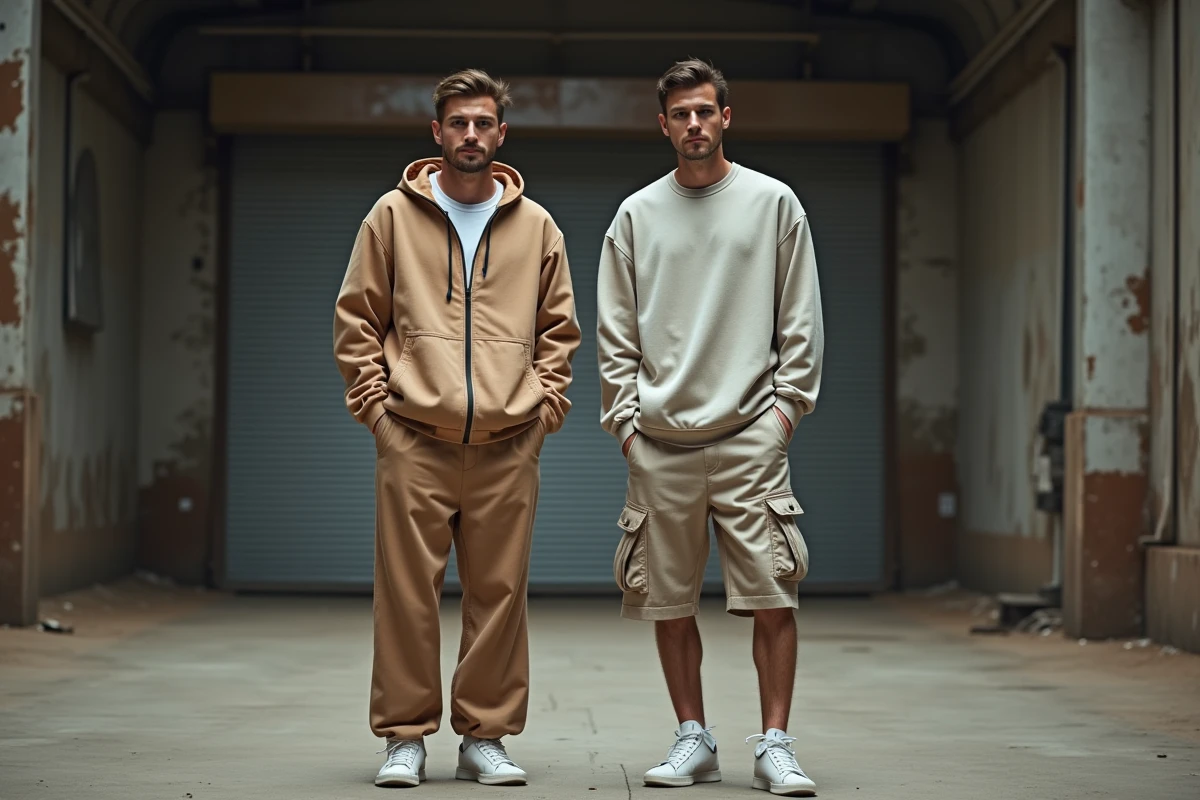 Deux hommes musclés en tenues streetwear oversize coordonnées dans un entrepôt industriel, illustrant les coupes grande taille