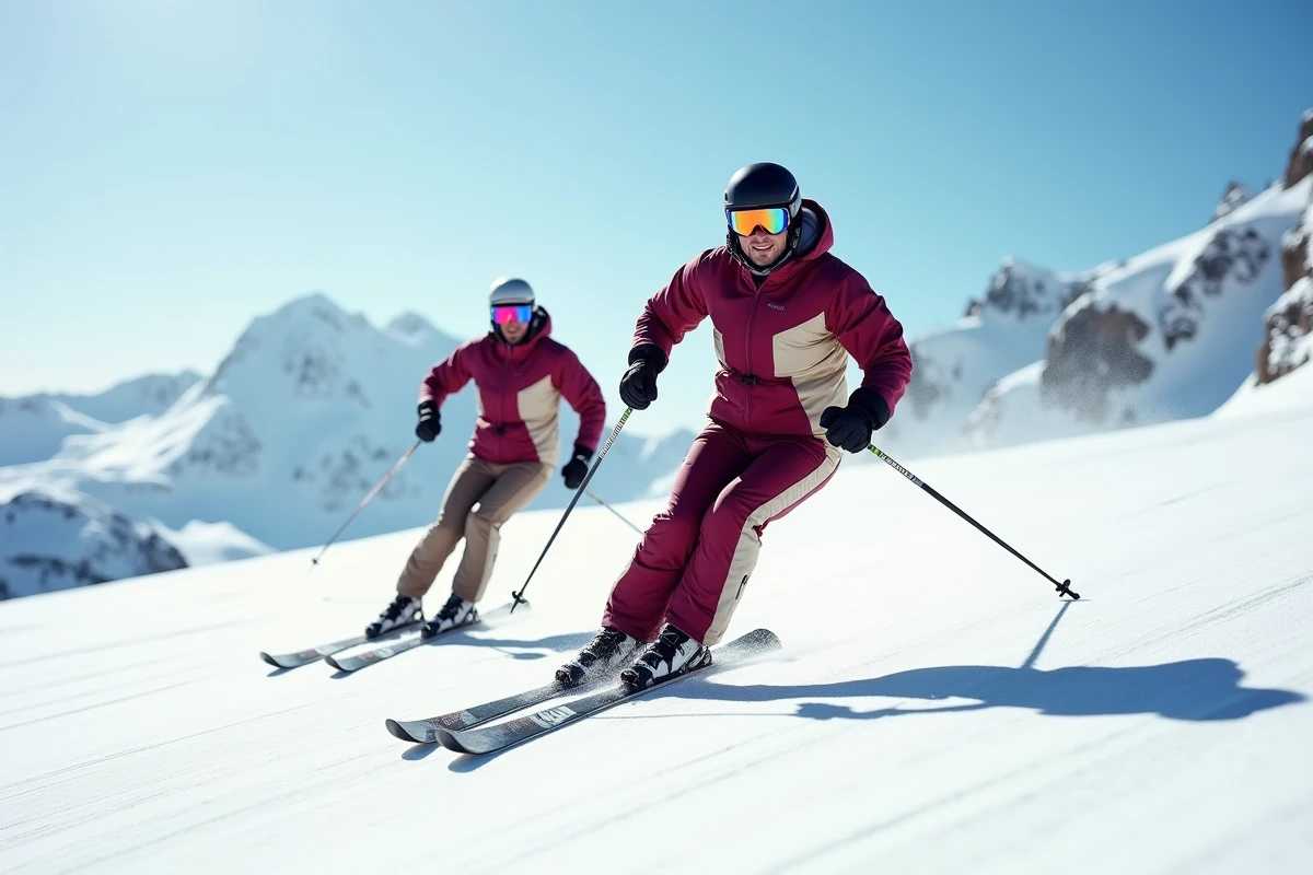 Deux skieurs en tenue de ski haut de gamme bordeaux et ivoire dévalant une piste damée dans les Alpes