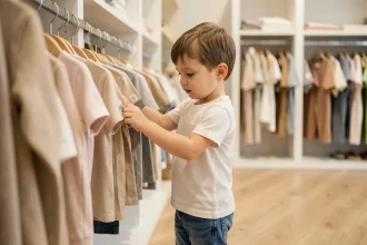 Enfant d'environ 5 à 6 ans essayant un vêtement taille 116 dans une boutique de mode enfantine moderne