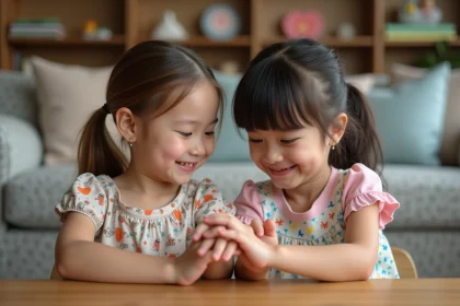 Deux filles souriantes avec bagues BFF magnétiques en cœur