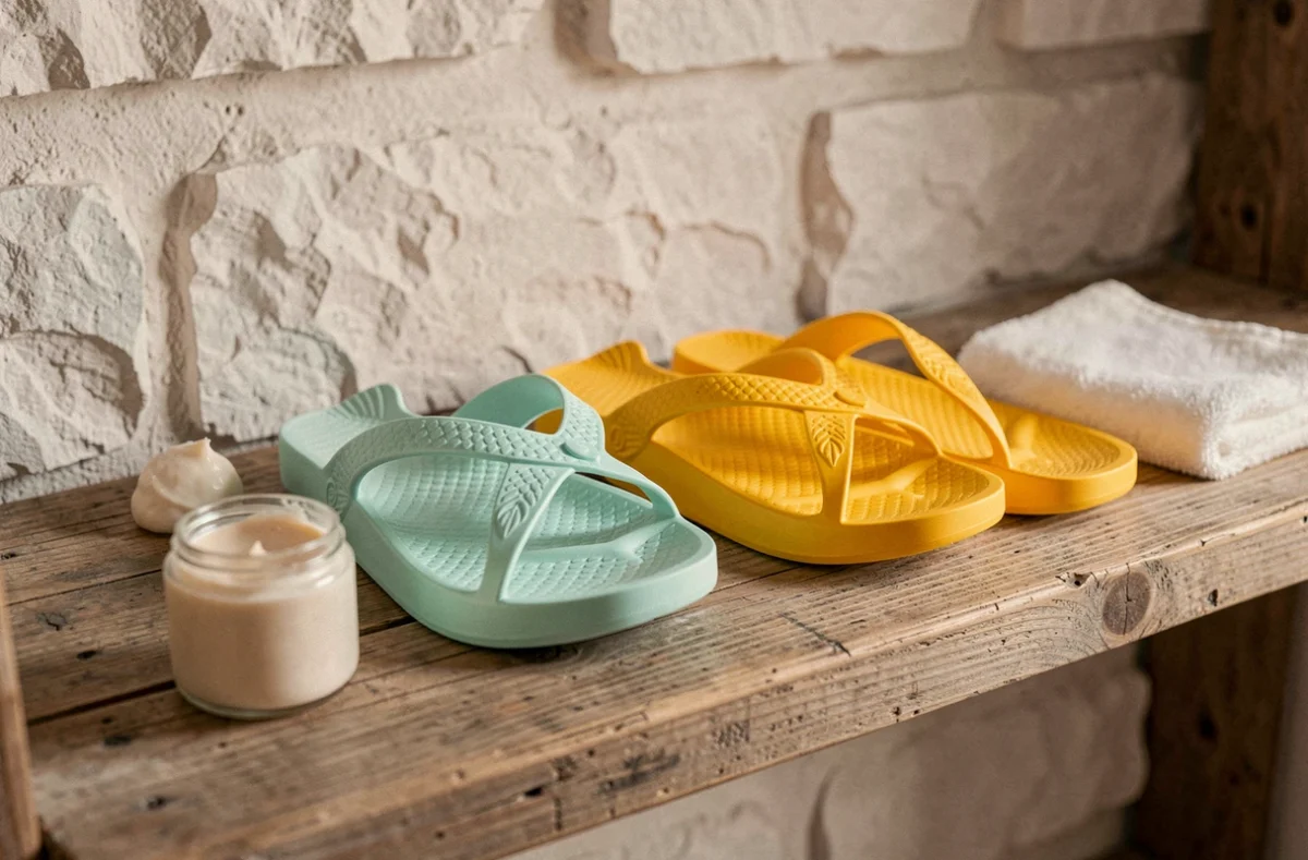 Deux paires de claquettes poisson colorées rangées sur une étagère en bois avec accessoires d'entretien, ambiance maison méditerranéenne