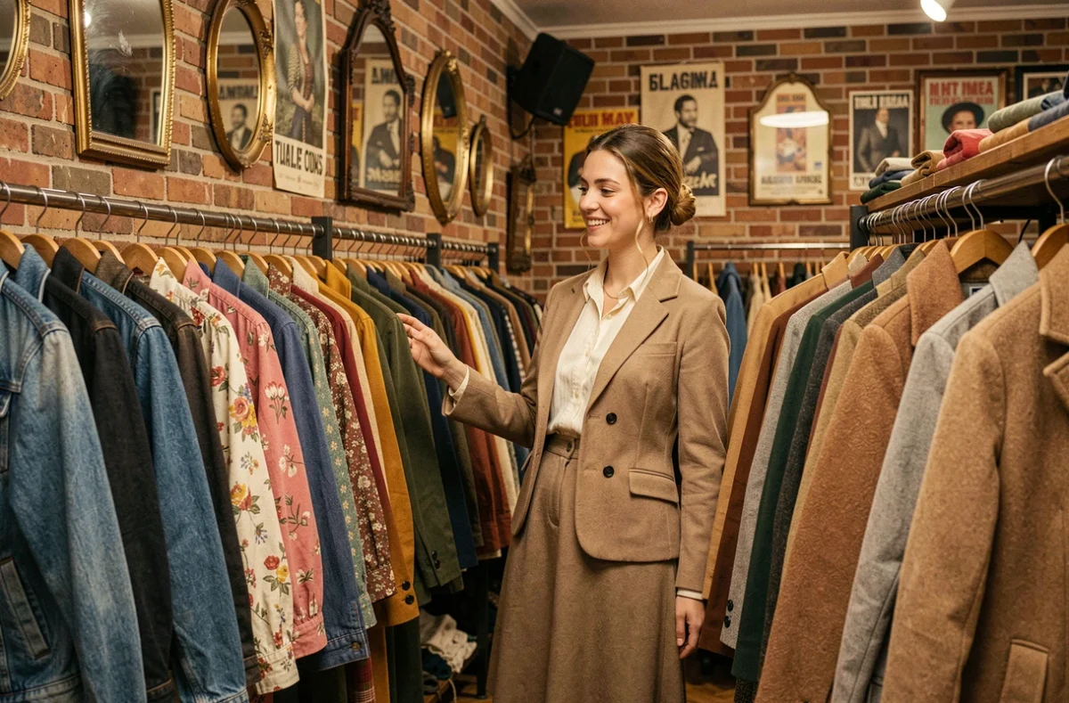 Jeune femme parcourant les rayons de vêtements vintage de la boutique Estampille à Toulouse